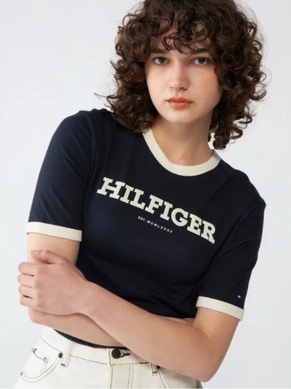 Tommy Hilfiger Navy Tee with White Trim and Chest Logo